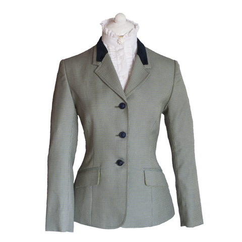 Olive puppytooth riding jacket with navy velvet collar